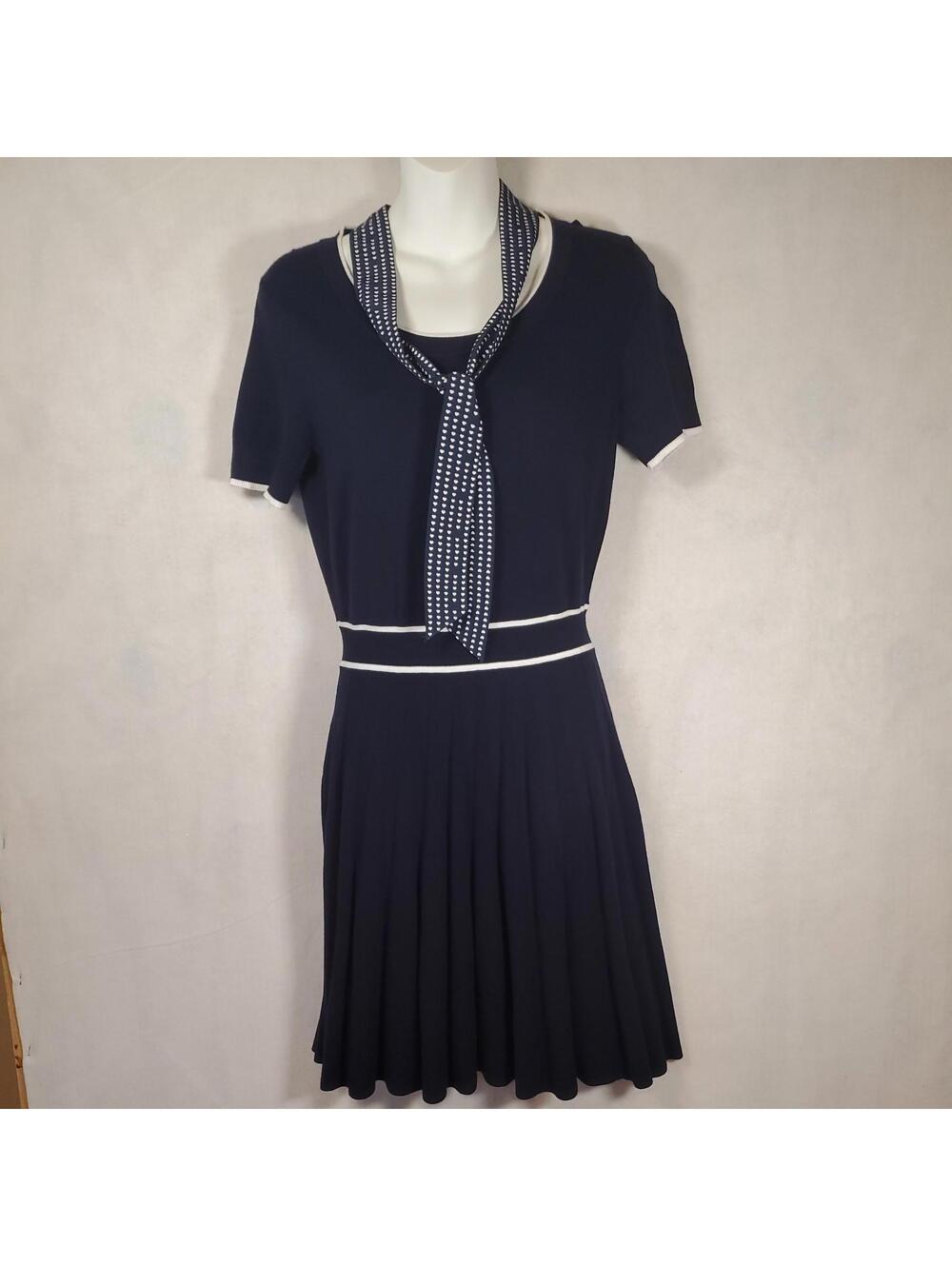 Draper James Sm Navy Blue Sailor Tie Neck Knit Sweater Dress Pleated Knee Length